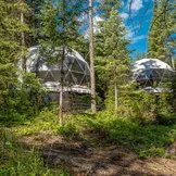 two white geodesic domes in the forest