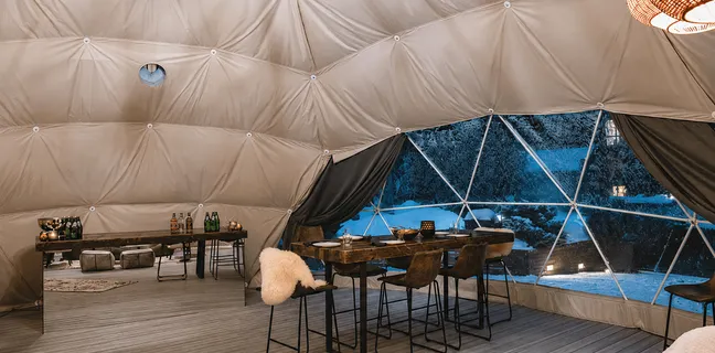 The center of the geodesic dome overlooking the table and window