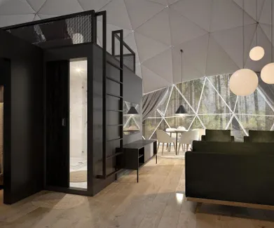 Interior of a geodesic dome overlooking FDomes Module and living room