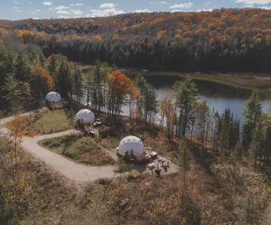 white geodesic domes in the forest, near lake, autumn