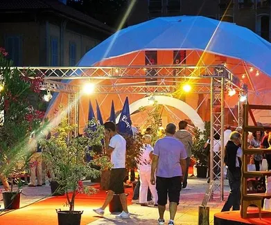 white dome tent while event in night