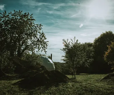 white geodesic dome on the field with some trees