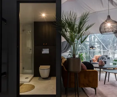interior of FCube bathroom and living room