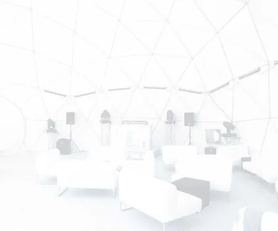 interior of dome tent with view at lights and sofas