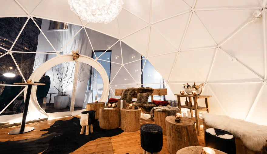interior of white dome tent with view at insulation
