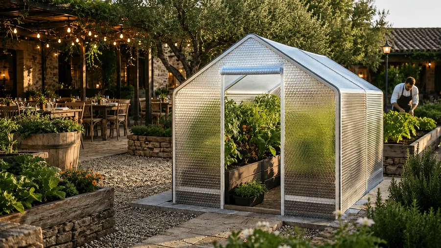 Grow Tent on a restaurant terrace in the evening