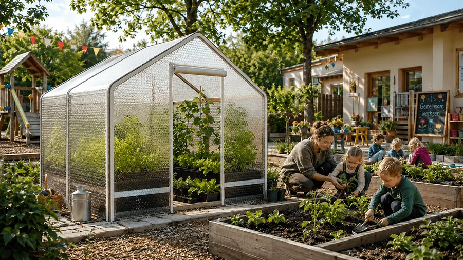 Children gardening next to a Grow Tent at school