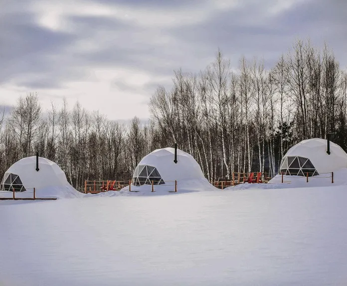 white geodesic domes in snow