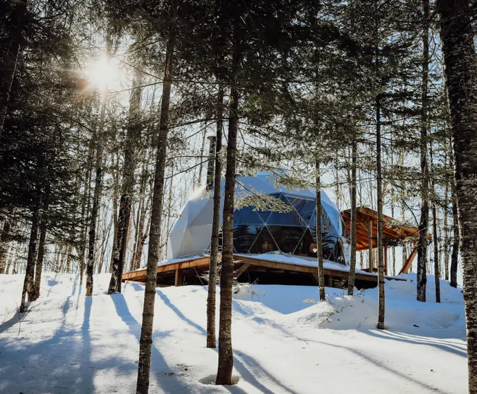white geodesic dome on wooden deck in snowy forest