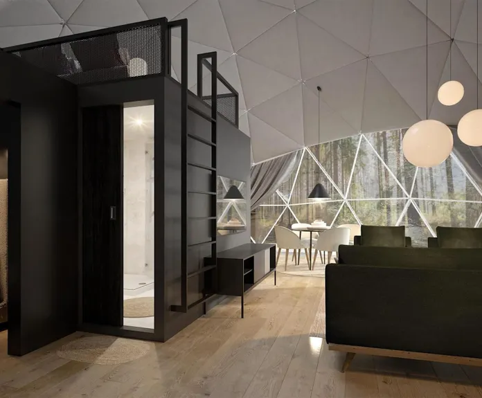 Interior of a geodesic dome overlooking FDomes Module and living room