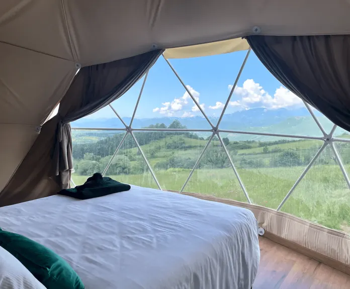 inside of geodesic dome with a bed and a view through window