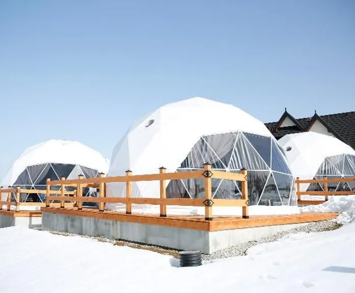 white geodesic domes located in the mountains in winter