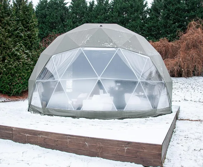 olive-colored geodesic dome with condensation