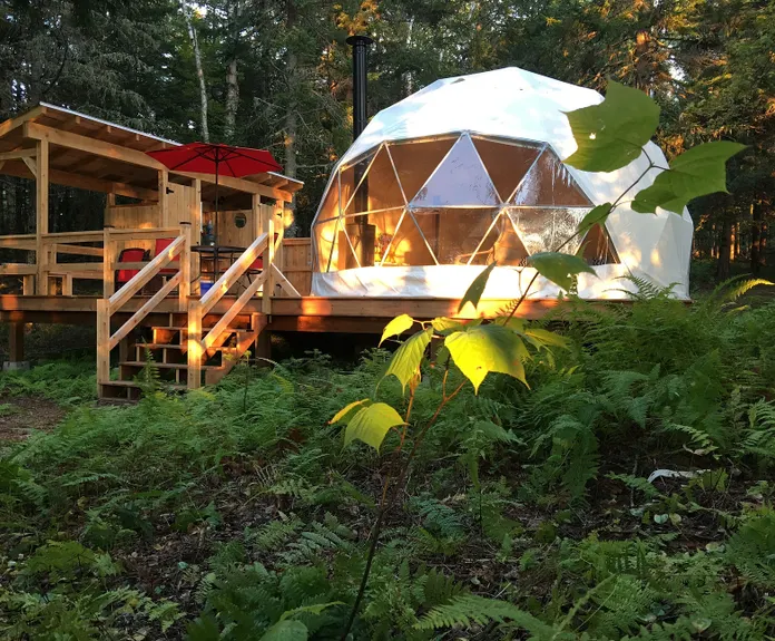 white geodesic dome on wooden deck near forest