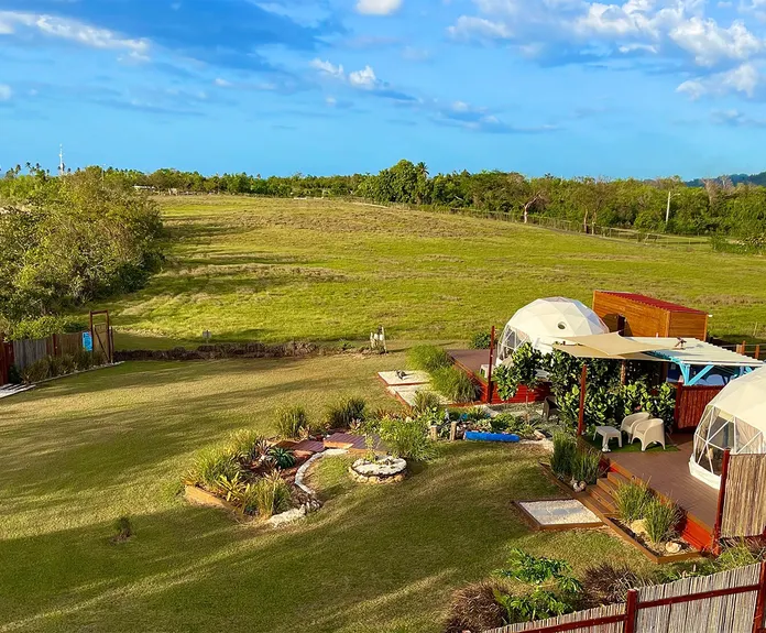 two white geodesic domes on wooden deck in garden