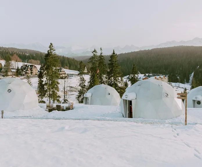white geodesic domes in snow