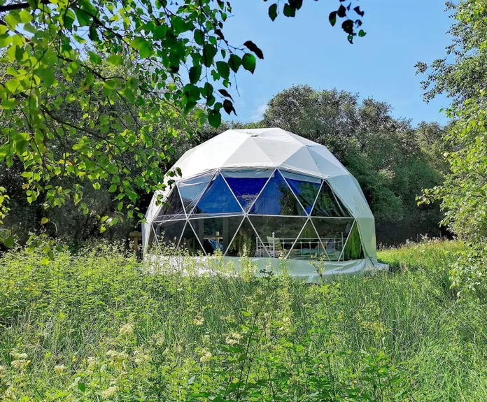 white geodesic dome on a field