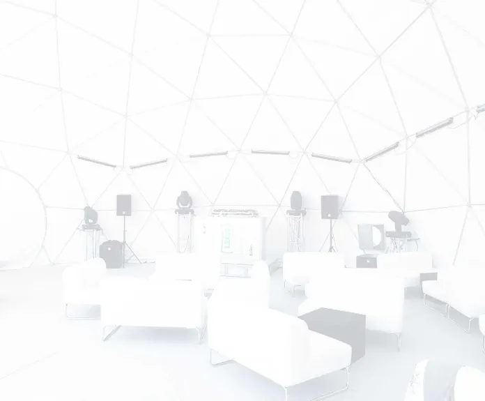 interior of dome tent with view at lights and sofas