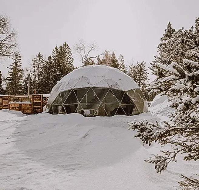 white geodesic dome in winter in forest
