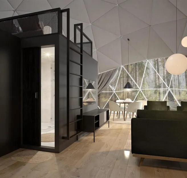 Interior of a geodesic dome overlooking FDomes Module and living room