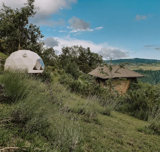 white glamping geodesic dome between green woods and fields
