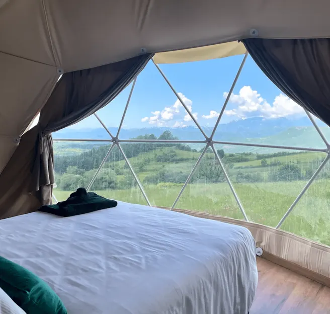 inside of geodesic dome with a bed and a view through window