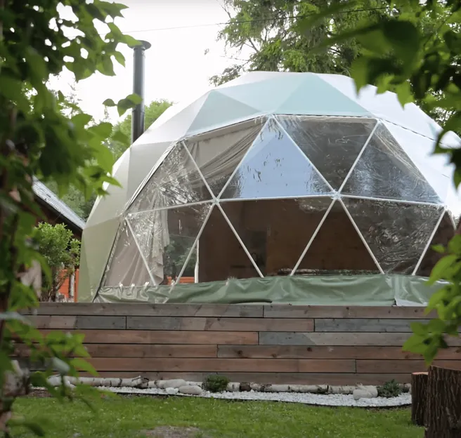green geodesic dome in the garden