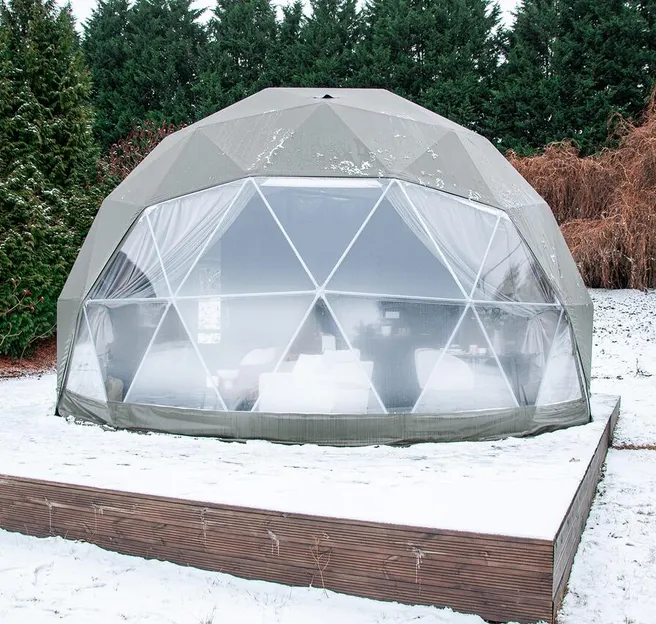 olive-colored geodesic dome with condensation
