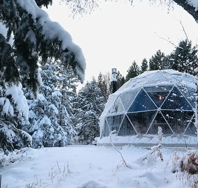 white geodesic dome with stack in winter in forest