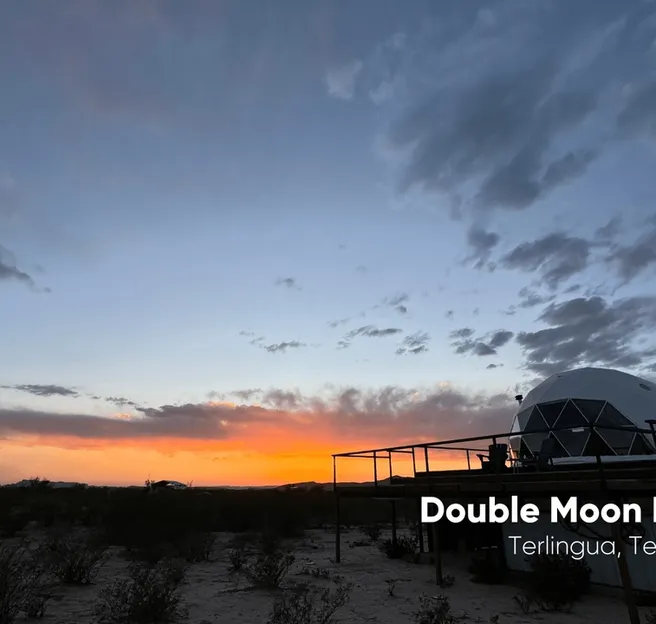 geodesic dome in a desert on Double Moon Ranch, Texas during sunset