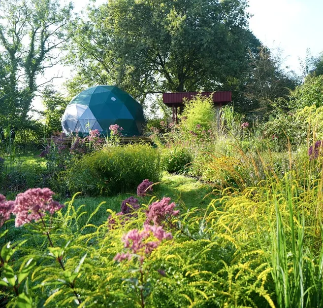 green geodesic dome on wooden deck on the field full of green grass and flowers