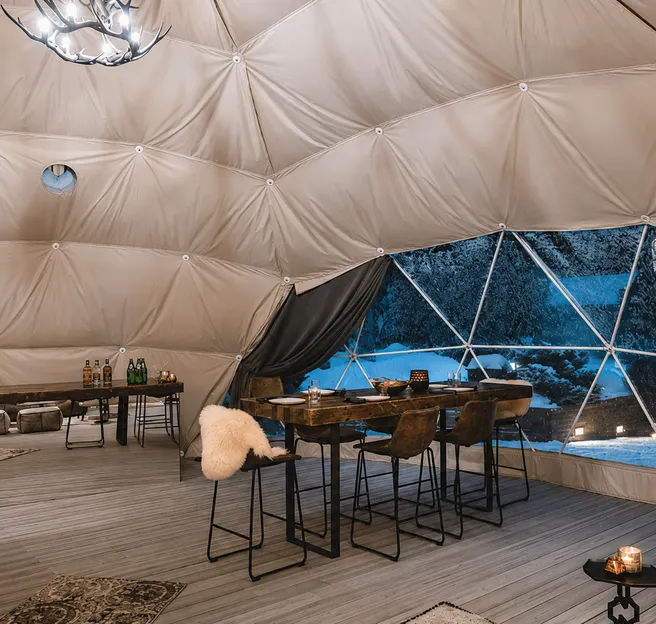 The center of the geodesic dome overlooking the table and window