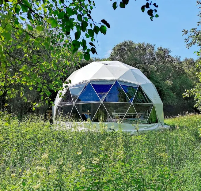white geodesic dome on a field