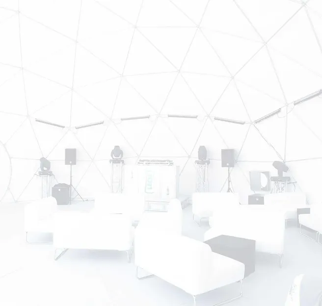 interior of dome tent with view at lights and sofas