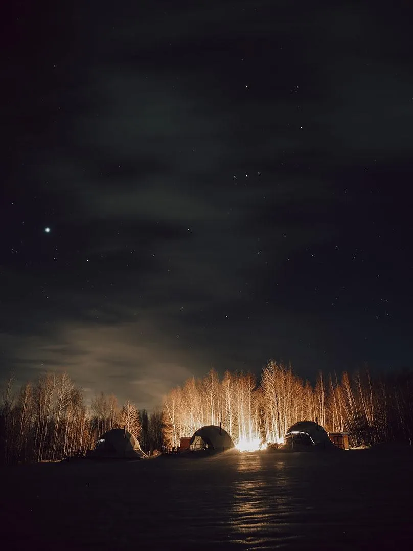 white geodesic domes in night