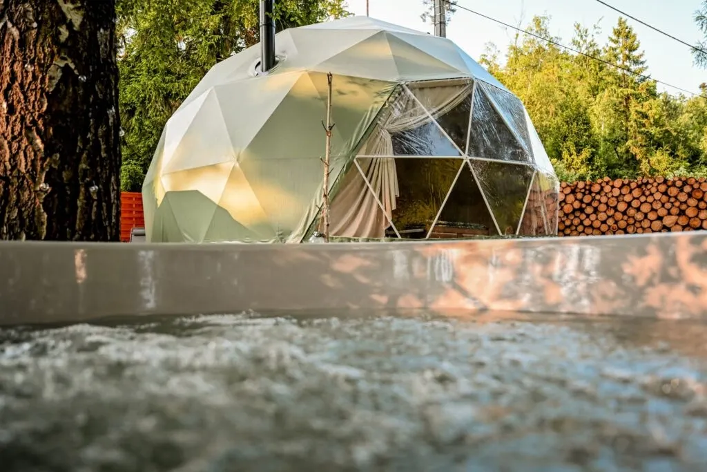 green geodesic dome in the garden