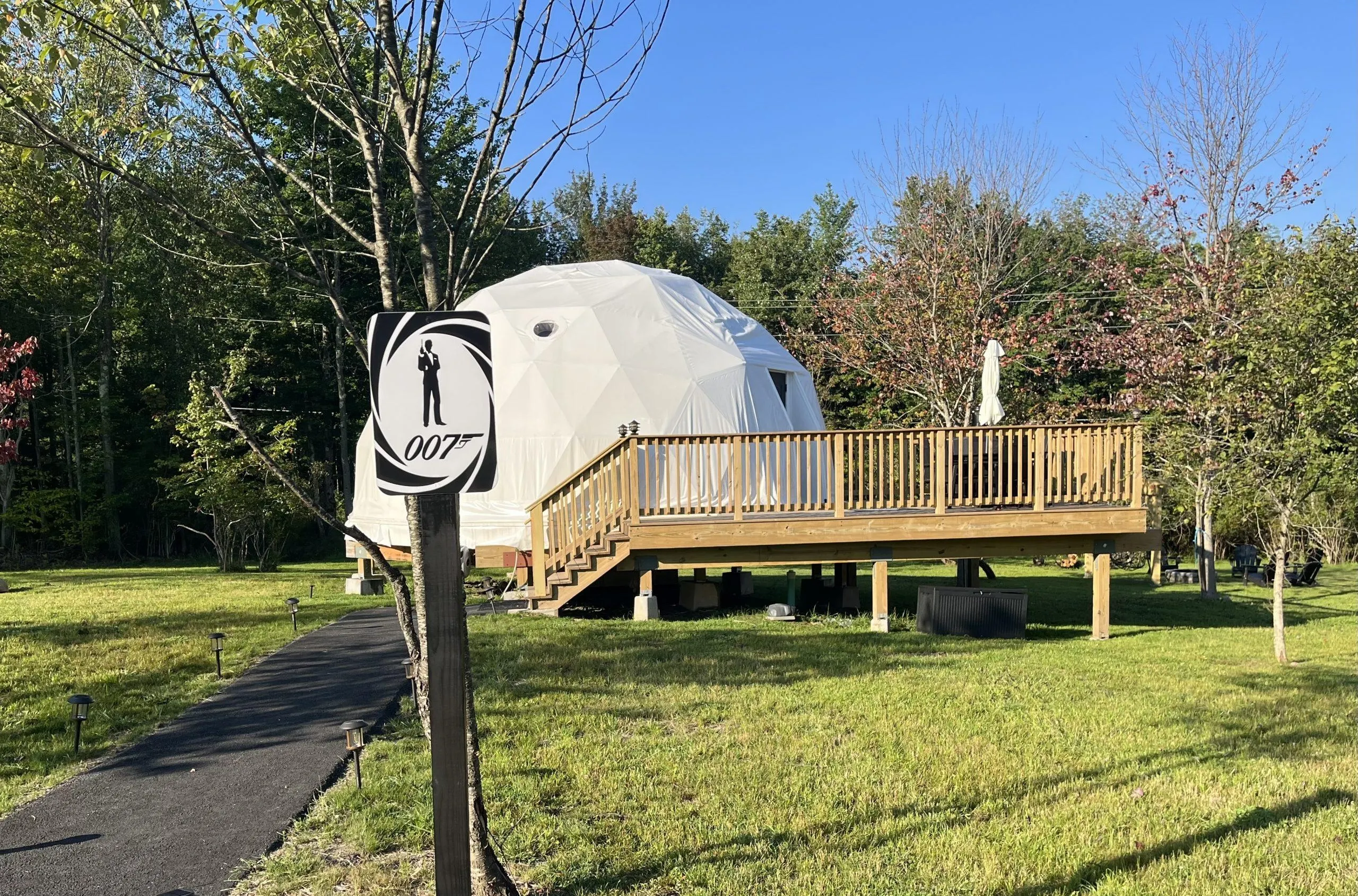 white geodesic dome on wooden platform