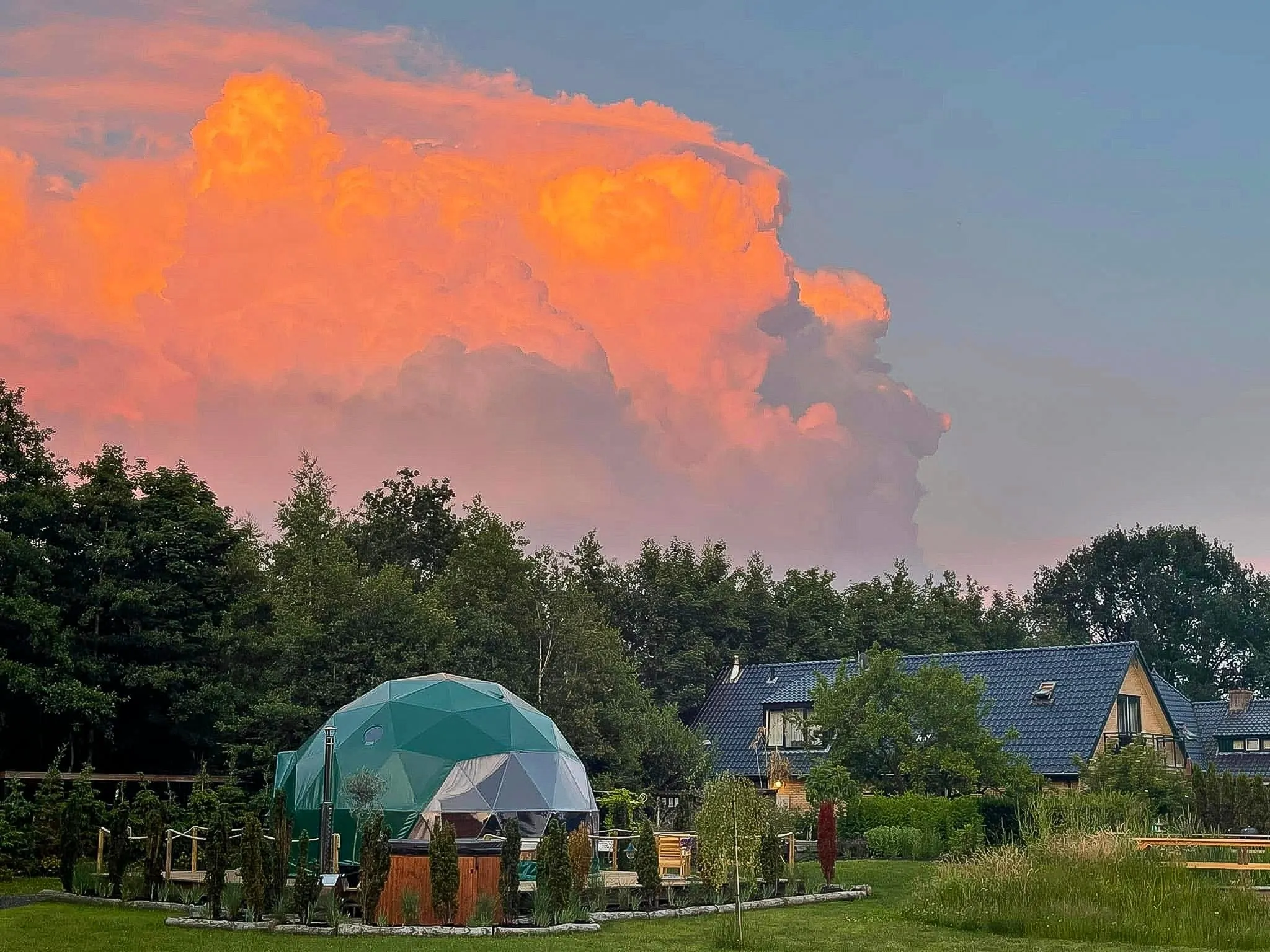 green geodesic dome in the garden