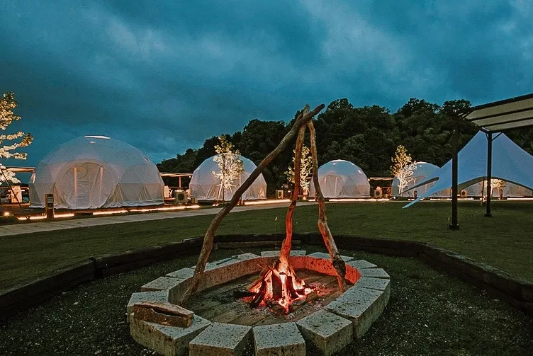 fire site inferno of four white geodesic dome