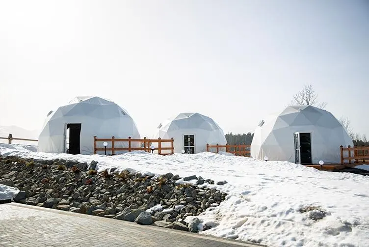 white geodesic domes located in the mountains in winter