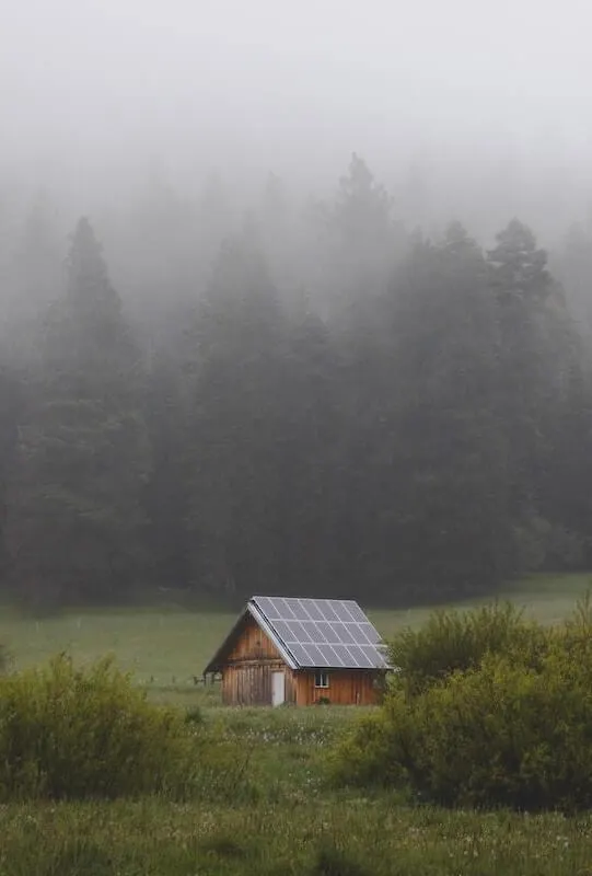glamping solar panels fog forest