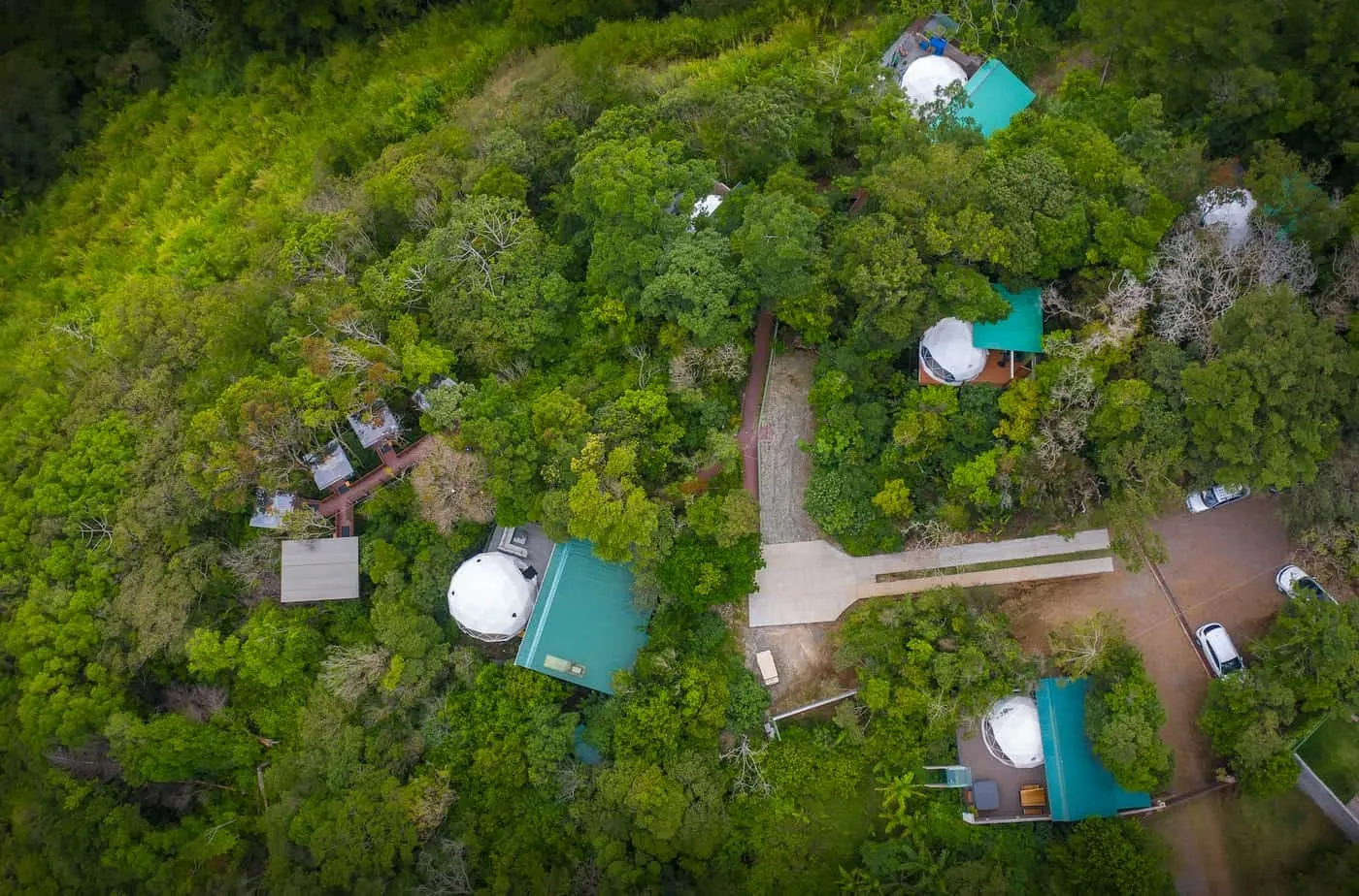 white geodesic domes surrounded by nature