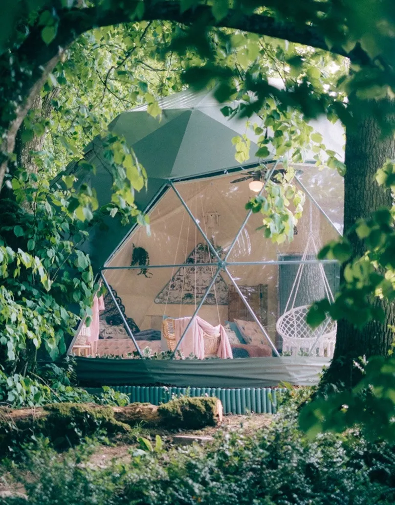 green glamping geodesic dome in the middle of green woods