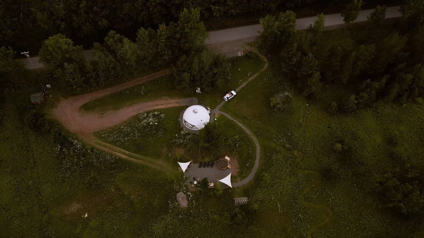 white geodesic dome in forest