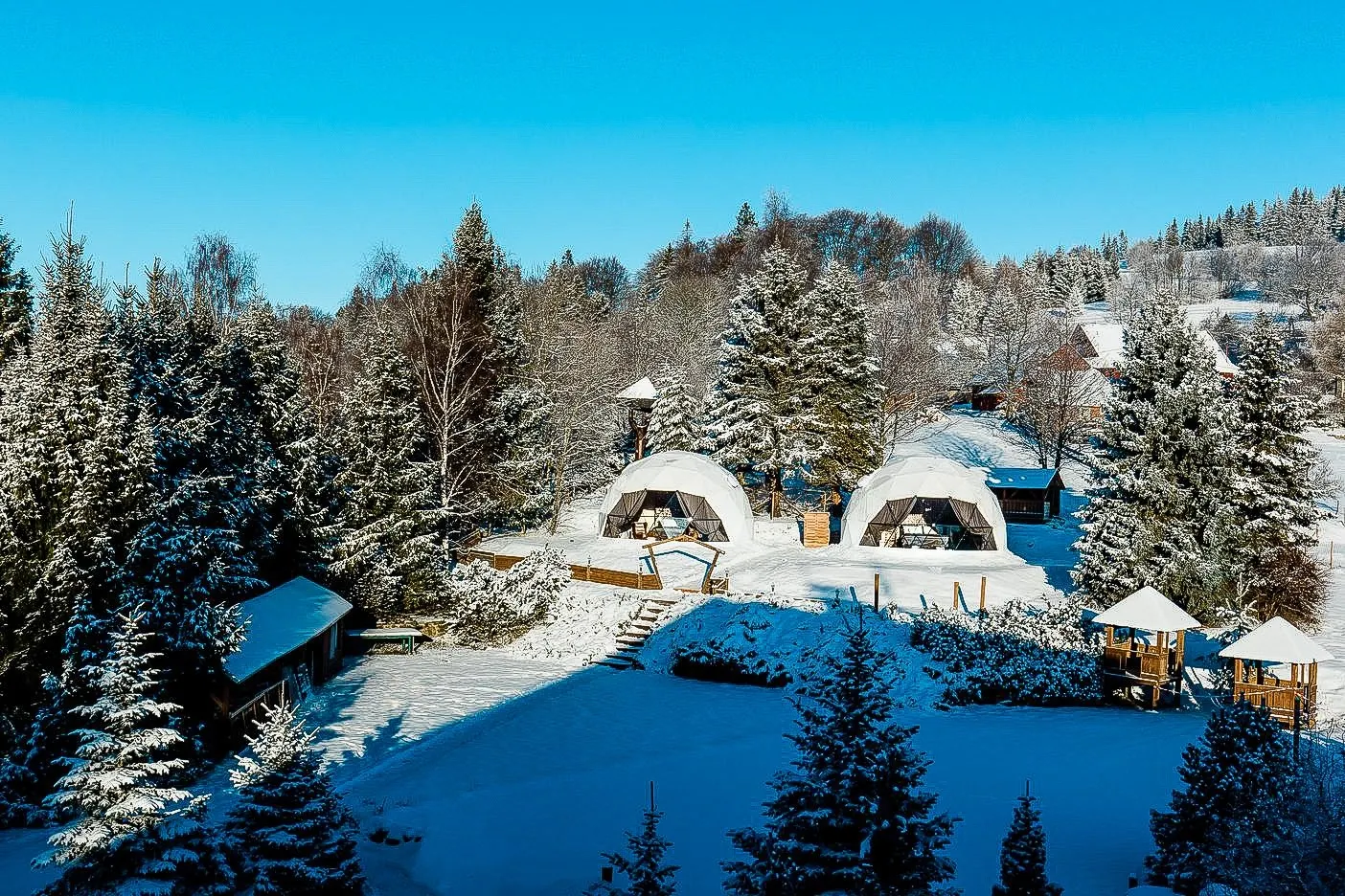 two white geodesic domes on the hill