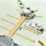 graphic imitation dome tent on wooden platform in water