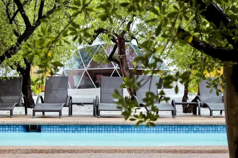 glamping dome at the day between woods near swimming pool