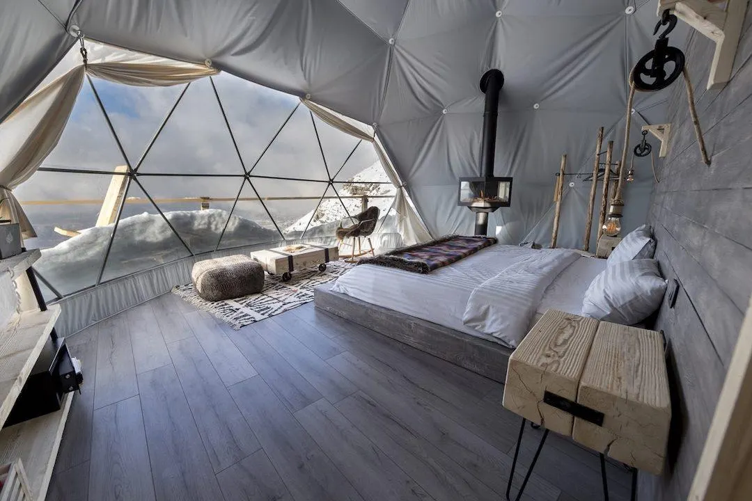 glamping dome in winter interior bedroom