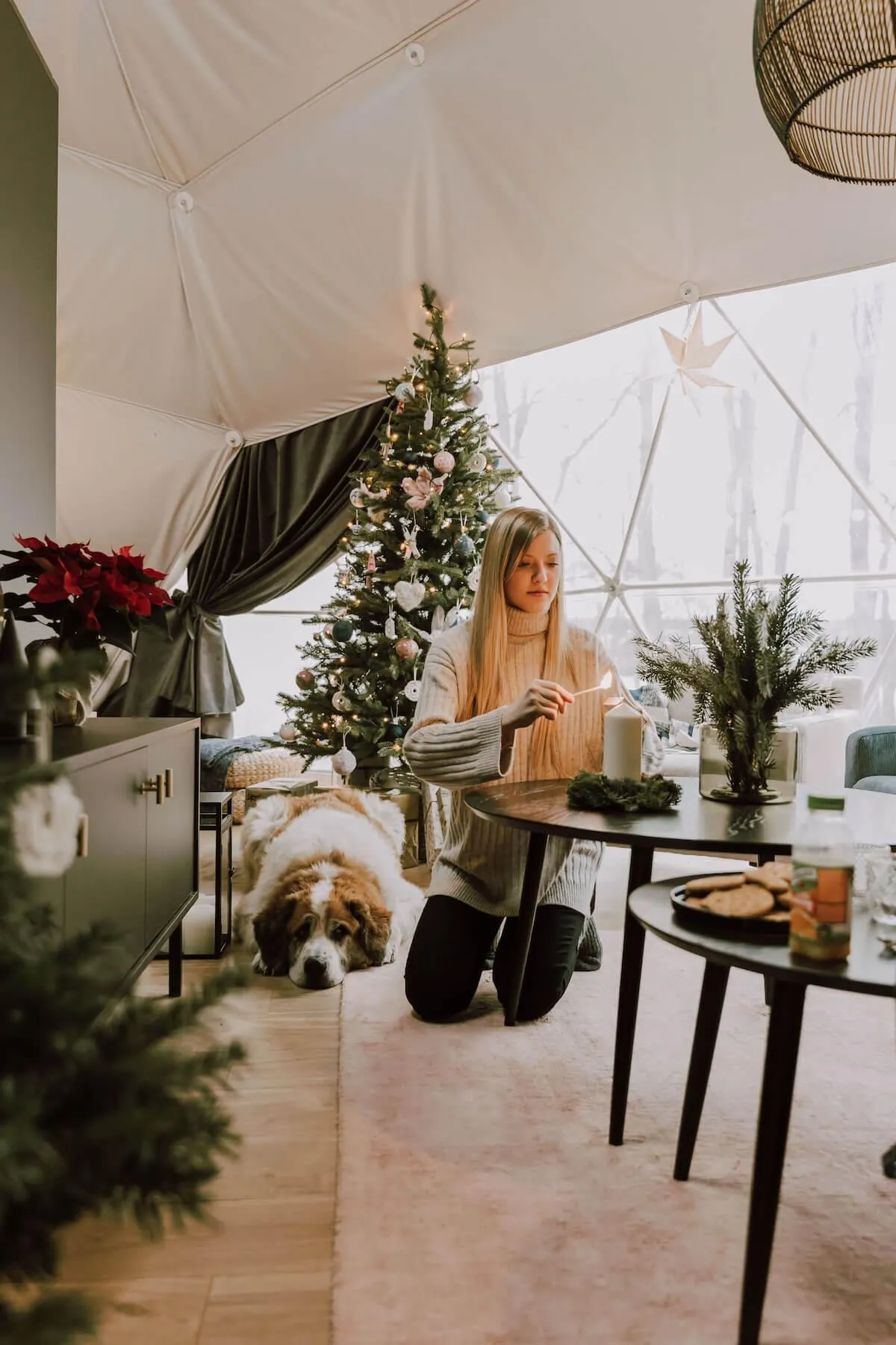 girl with dog Christmas time decor fdomes