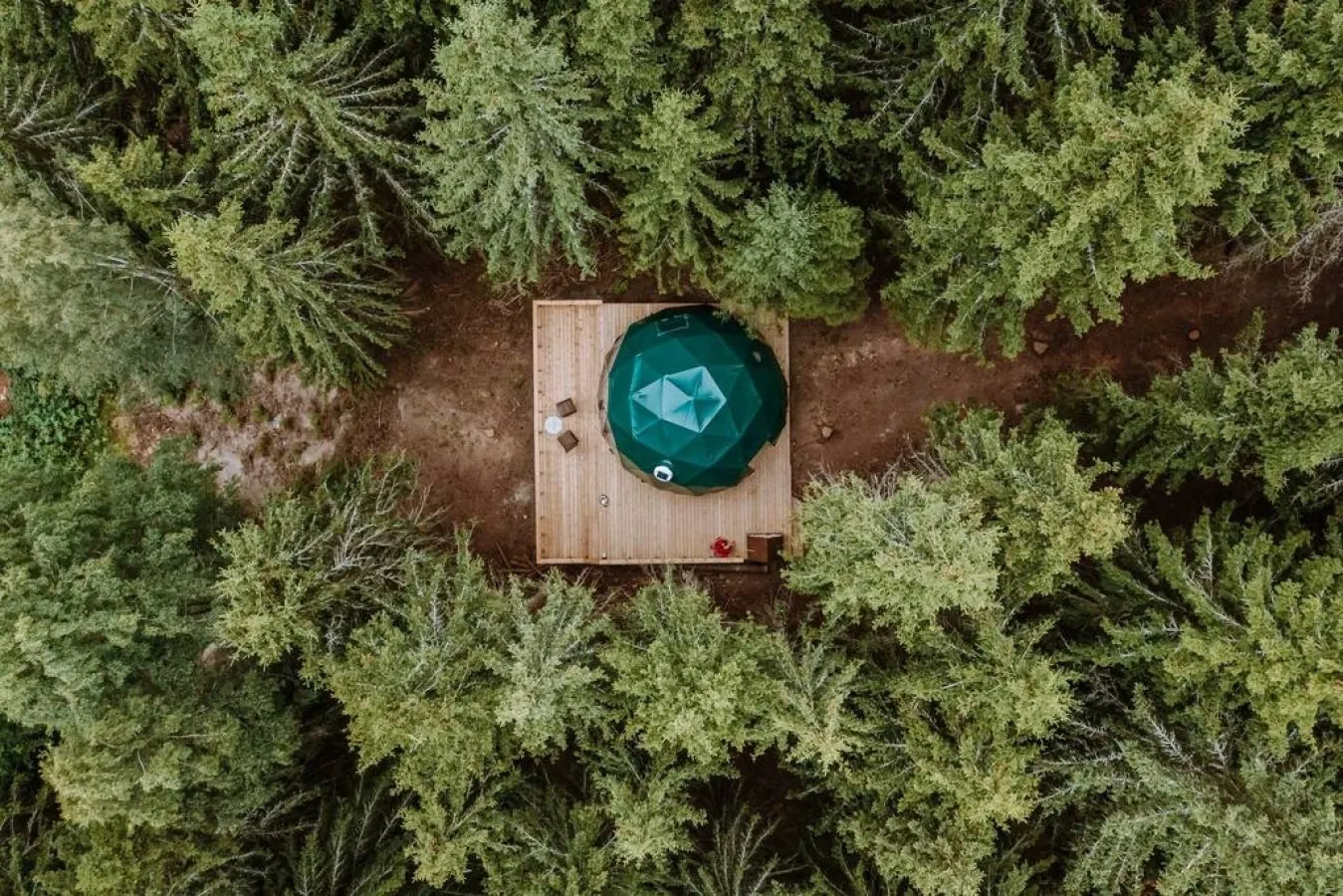 green geodesic dome on wooden deck in the forest